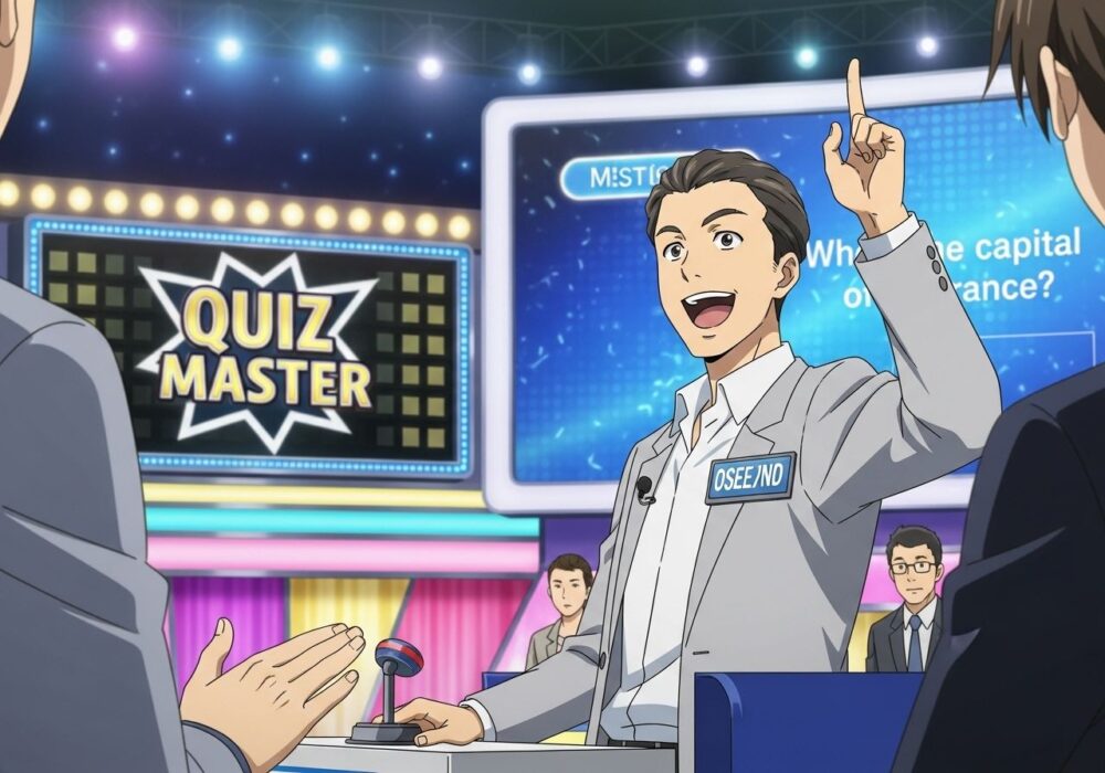 クイズ番組で回答する男性