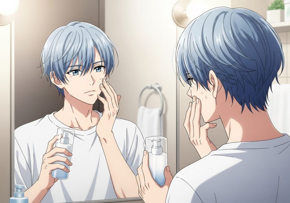 化粧水をつける男性