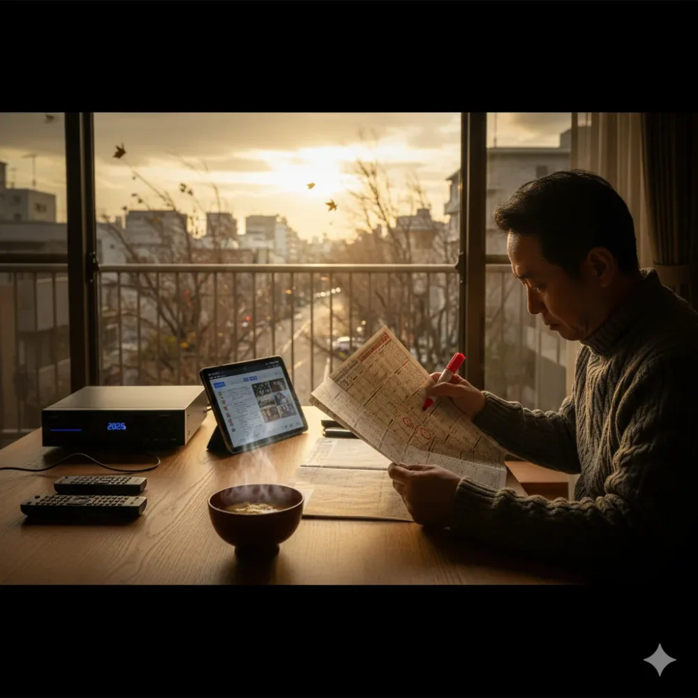 録画する番組を考えている男性