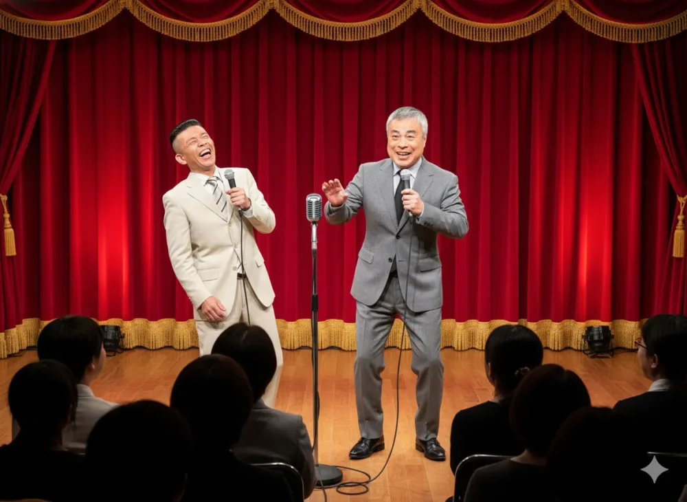 西和香のりおがコンビで漫才を披露する画像