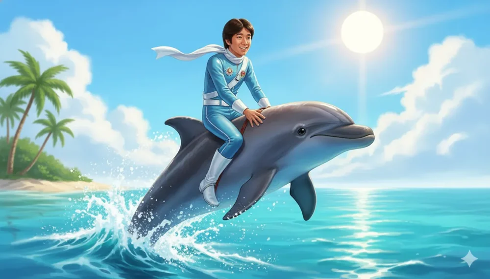 城みちるさんがイルカに乗っている画像
